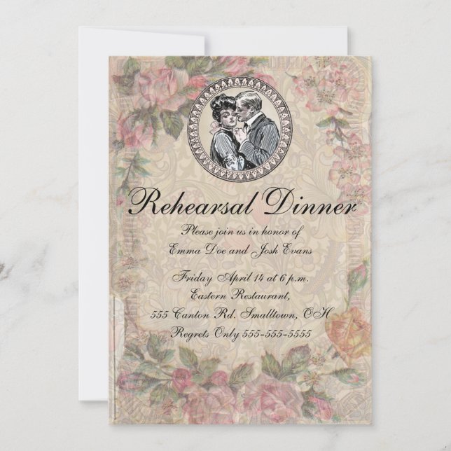 Vintage Romance Couple Antique Roses Wedding Invitation (Front)