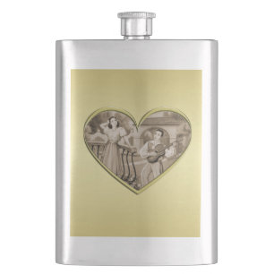 Vintage Romance couple, man and woman, gold Flask