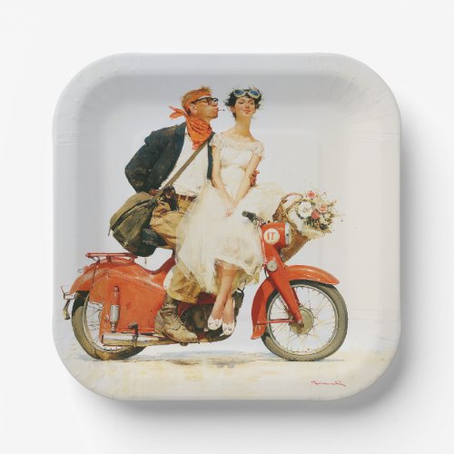 Vintage Romance on a Red Scooter Paper Plates