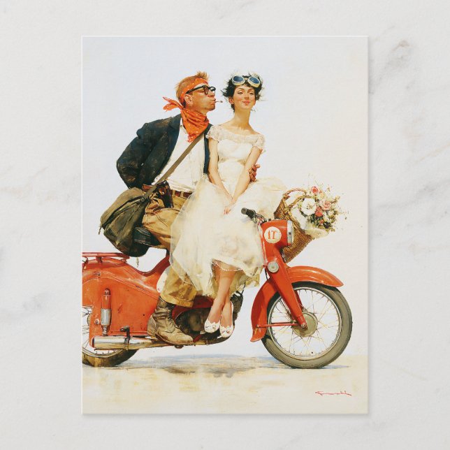 Vintage Romance on a Red Scooter Postcard (Front)