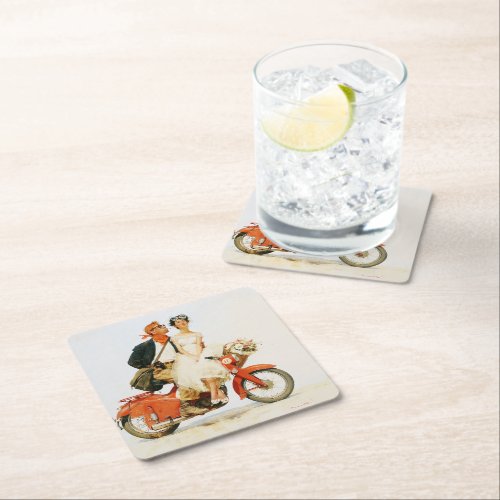 Vintage Romance on a Red Scooter Square Paper Coaster