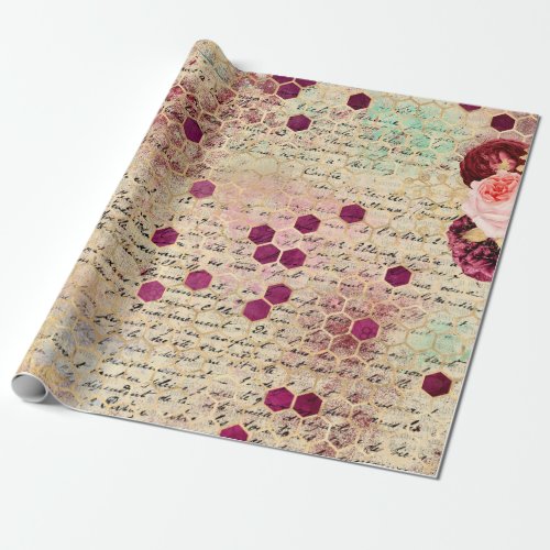 Vintage Romantic Bee Floral Burgundy Gold Wrapping Paper