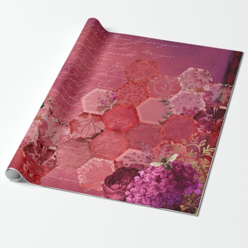 Vintage Romantic Bee Floral Burgundy Gold Wrapping Paper