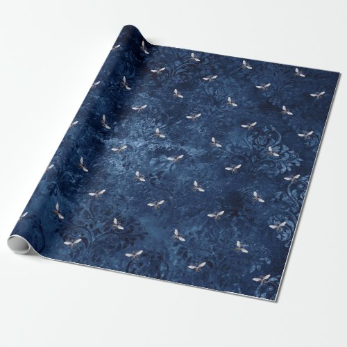 Vintage Romantic Blue Bees Flowers Wrapping Paper