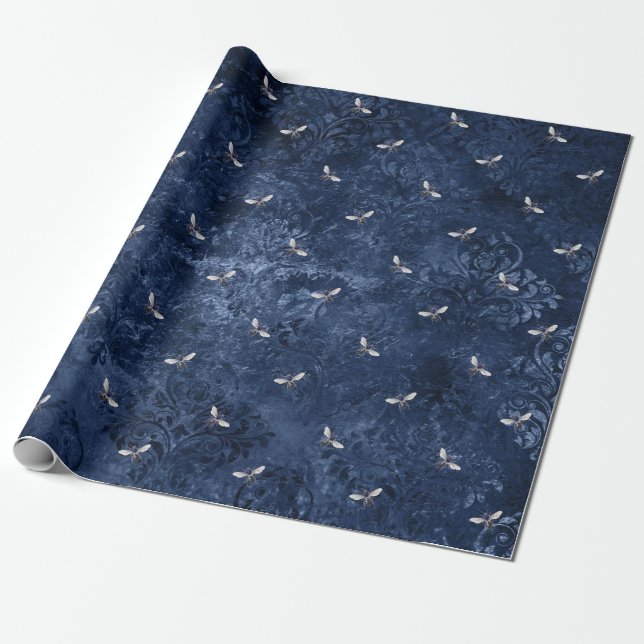 Vintage Romantic Blue Bees Flowers Wrapping Paper (Unrolled)
