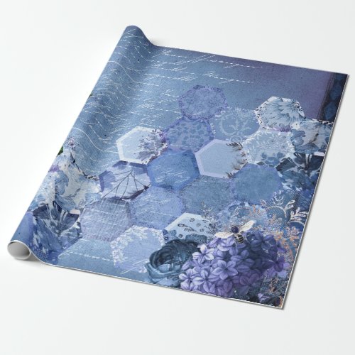 Vintage Romantic Blue Bees Flowers Wrapping Paper
