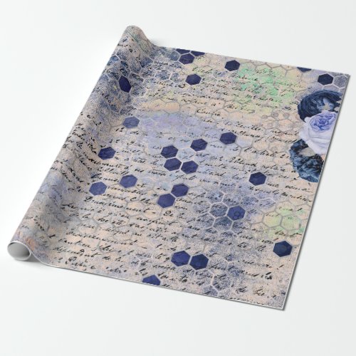 Vintage Romantic Blue Bees Flowers Wrapping Paper