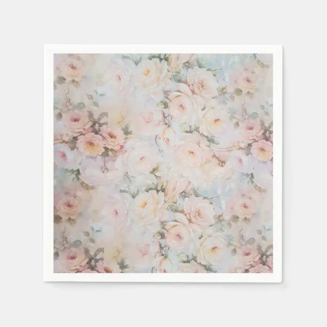 Vintage romantic blush pink ivory roses floral napkins | Zazzle