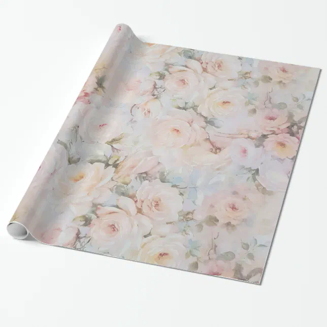 Vintage romantic blush pink ivory roses floral wrapping paper | Zazzle