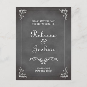 Vintage romantic chalkboard scroll save the date announcement postcard