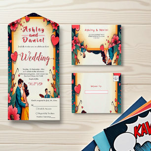Vintage Romantic Couple Dance Comic Style Wedding All In One Invitation