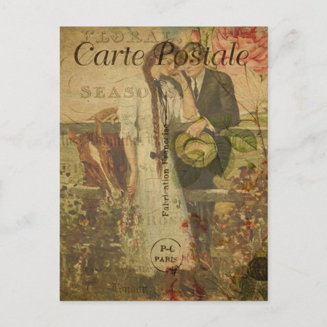 Vintage Romantic Couple Pink Roses French  Postcard (Front)