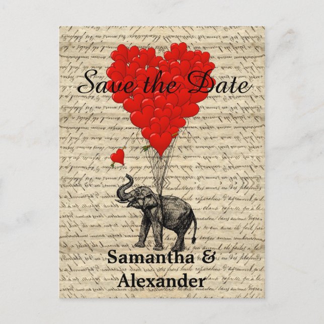Vintage romantic elephant save the date announcement postcard (Front)