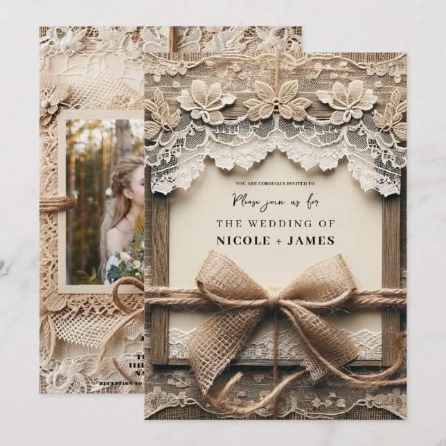 Vintage Romantic Floral Lace Burlap Rustic Wedding Invitation (Front/Back)