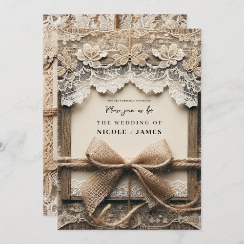 Vintage Romantic Floral Lace Burlap Rustic Wedding Invitation