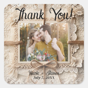 Vintage Romantic Floral Lace Burlap Rustic Wedding Square Sticker