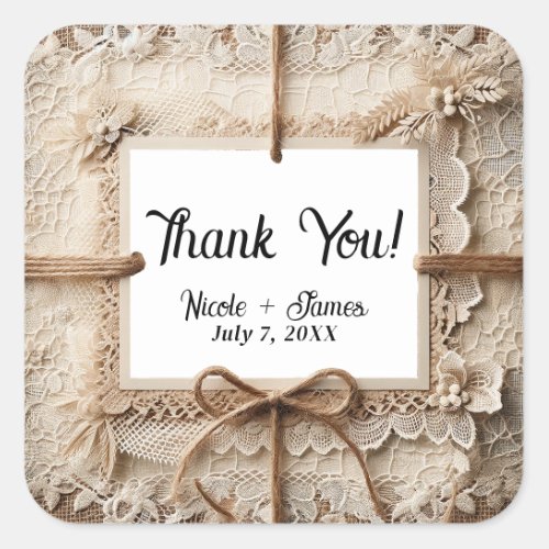 Vintage Romantic Floral Lace Burlap Rustic Wedding Square Sticker