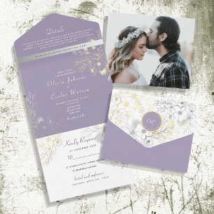 Vintage Romantic Floral Purple Wedding All In One Invitation