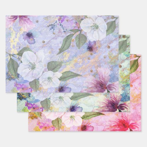 Vintage romantic floral watercolor gold script wrapping paper sheets