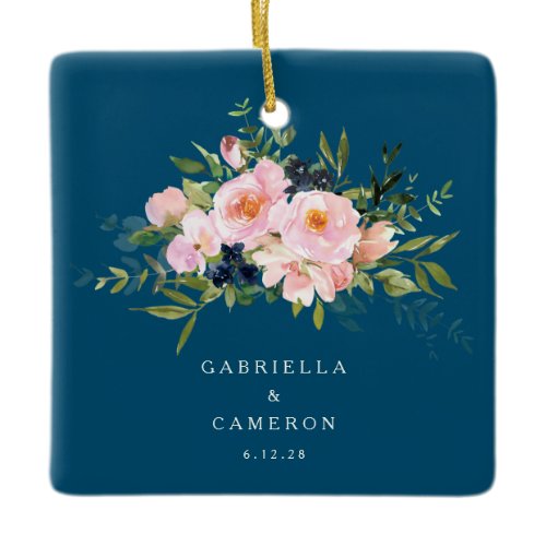 Vintage Romantic Florals in Blue Wedding  Ceramic Ornament