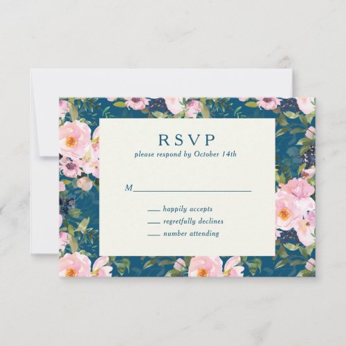 Vintage Romantic Florals in Blue Wedding Simple  RSVP Card