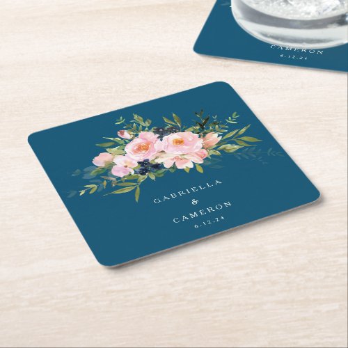 Vintage Romantic Florals in Blue Wedding   Square Paper Coaster