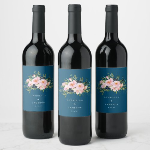 Vintage Romantic Florals in Blue Wedding Wine Label