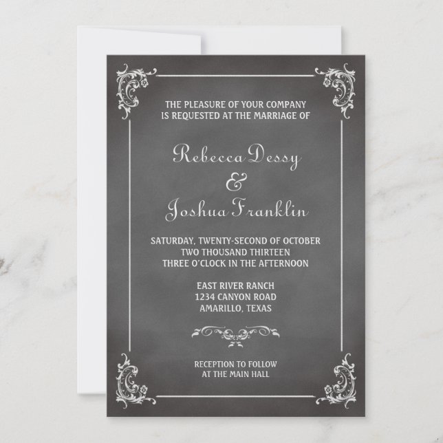 Vintage romantic gray chalkboard scroll wedding invitation (Front)