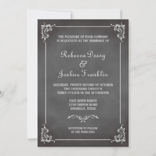 Vintage romantic gray chalkboard scroll wedding custom invite