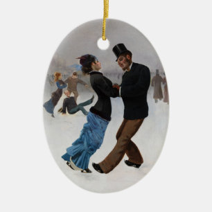 Vintage Romantic Ice Skaters Ceramic Ornament