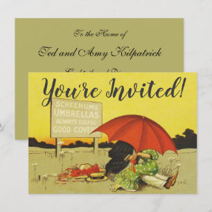 Vintage Romantic Kissing Couple Red Umbrella Funny Invitation