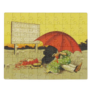 Vintage Romantic Kissing Couple Red Umbrella Funny Jigsaw Puzzle