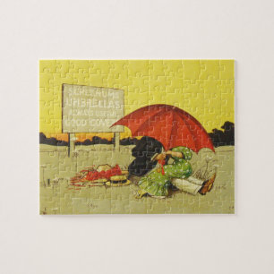 Vintage Romantic Kissing Couple Red Umbrella Funny Jigsaw Puzzle