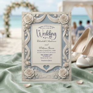 Vintage Romantic Neoclassical Blue 3D Rose Invitation