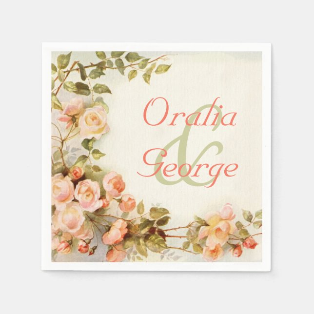 Vintage romantic painting of roses wedding paper napkins (Front)