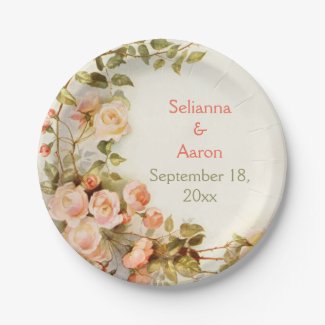 Vintage romantic painting of roses wedding 7 inch paper plate