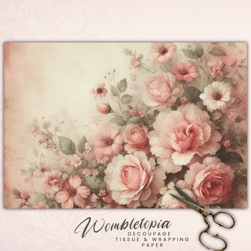 Vintage Romantic Pastel Pink Floral Decoupage  Wrapping Paper Sheets