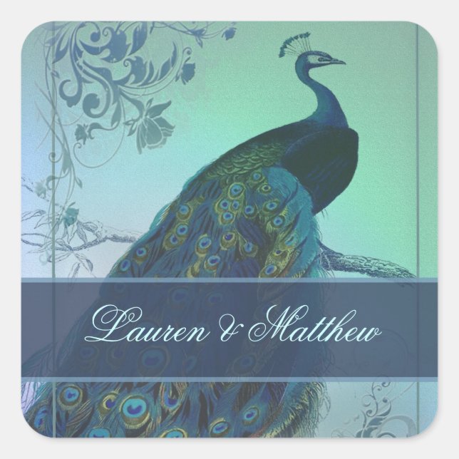 Vintage romantic peacock design square sticker (Front)