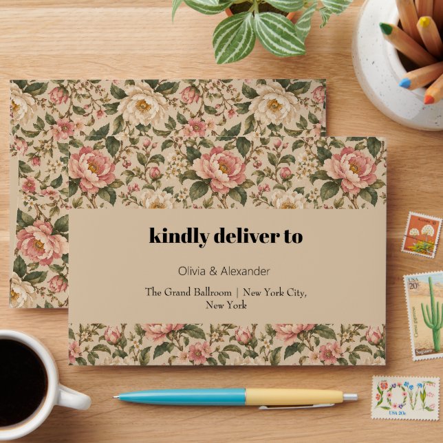 Vintage Romantic Peony & Rose Garden Pattern  Envelope (Desk)