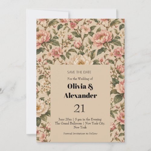 Vintage Romantic Peony & Rose Garden Pattern Save The Date
