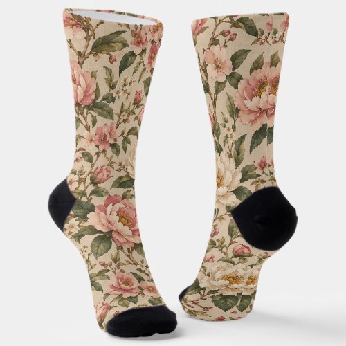 Vintage Romantic Peony & Rose Garden Pattern Socks