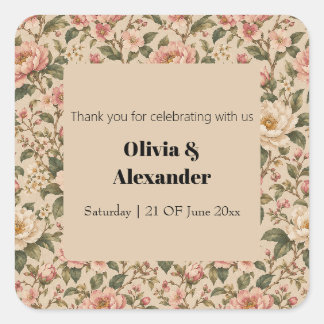 Vintage Romantic Peony & Rose Garden Pattern Square Sticker