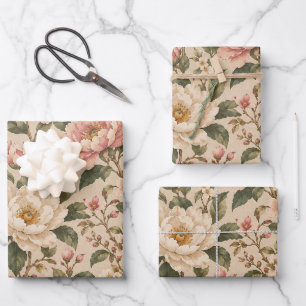 Vintage Romantic Peony & Rose Garden Pattern Wrapping Paper Sheets