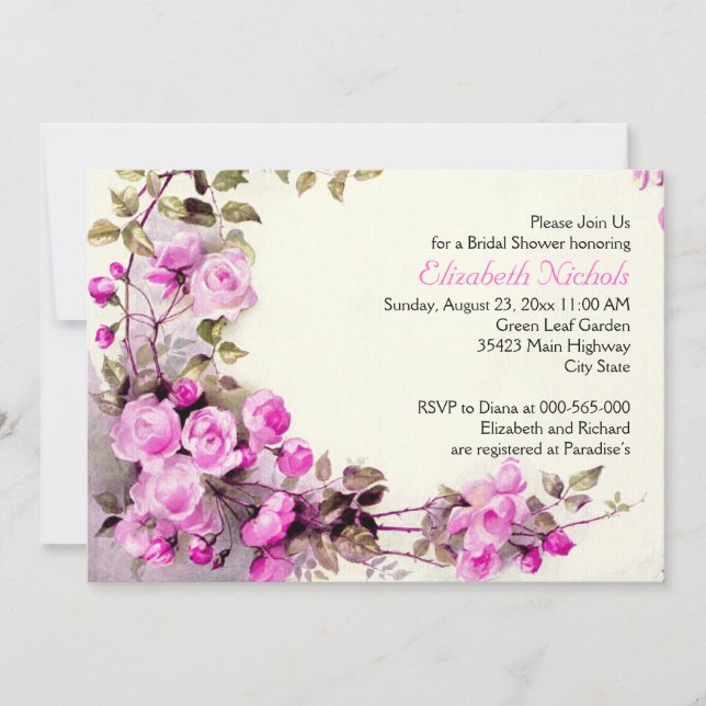 Vintage romantic pink roses wedding bridal shower invitation (Front)