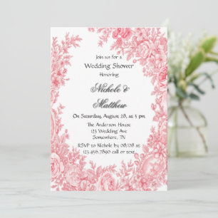 Vintage Romantic Pink Toile Flower Wedding Shower Invitation