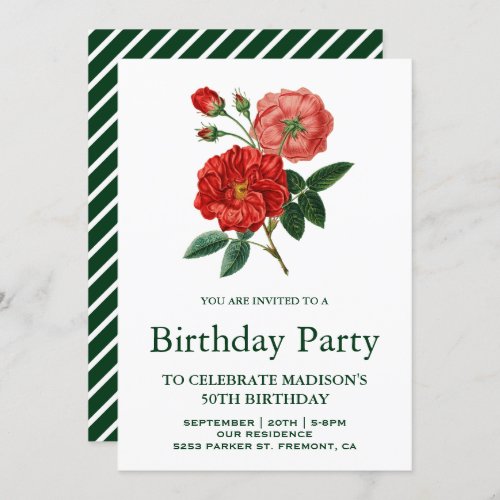 Vintage Romantic Red Roses Birthday Party Invitation