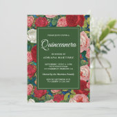 Vintage Romantic Red Roses Floral Quinceanera Invitation (Standing Front)