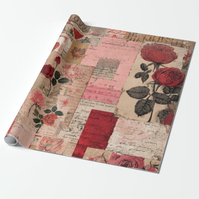 Vintage Romantic Rose Collage (1) Wrapping Paper (Unrolled)