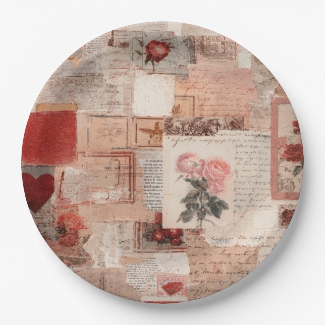 Vintage Romantic Rose Collage (2) Paper Plates (Front)