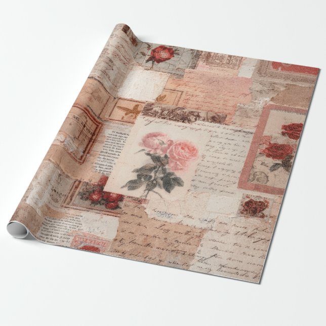 Vintage Romantic Rose Collage (2) Wrapping Paper (Unrolled)